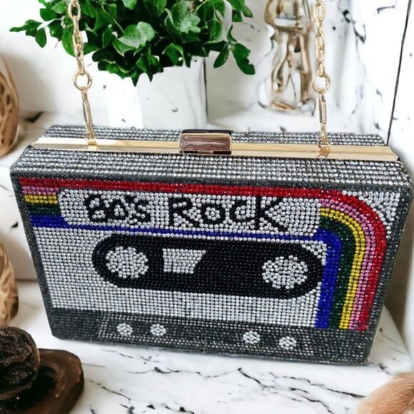 Women's NWOT Retro Radio Shape Crossbody Shoulder Chain Bag Rhinestone Metal - Picture 5 of 14